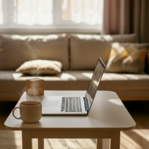 Een gezellige woonkamer met een laptop op een tafel, klaar voor een sessie van online logopedie na een beroerte, met een kopje thee erbij.