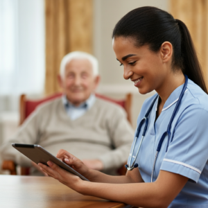 Een mantelzorger die glimlachend een tablet bekijkt, met een oudere persoon comfortabel op de achtergrond.