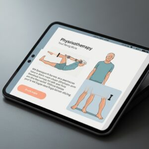 Een close-up van een tablet met een fysiotherapie-app die oefeningen toont voor ouderen.