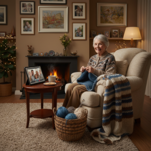 Oudere breidt in een gezellige woonkamer terwijl een tablet op een standaard staat.