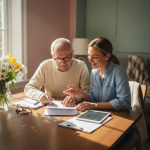 Mantelzorger die een oudere man helpt met zorgpapieren aan een tafel.