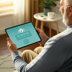 Een senior man zit comfortabel in zijn woonkamer en gebruikt een tablet met een beveiligde eHealth app, die privacy waarborgt.
