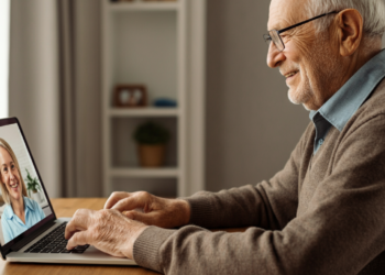 Een oudere man die glimlacht terwijl hij een videogesprek voert met een logopedist op een laptop, een voorbeeld van online logopedie na een beroerte in een huiselijke omgeving.
