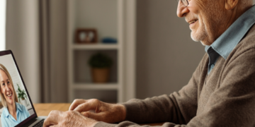 Een oudere man die glimlacht terwijl hij een videogesprek voert met een logopedist op een laptop, een voorbeeld van online logopedie na een beroerte in een huiselijke omgeving.