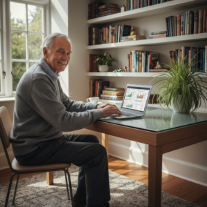 Oudere man die zorgopties vergelijkt op een laptop in een moderne thuisomgeving.