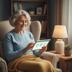 Glimlachende oudere vrouw die een tablet gebruikt in een knusse woonkamer.