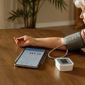 Een oudere vrouw meet haar bloeddruk met een digitaal apparaat dat verbonden is met een eHealth app op haar tablet.