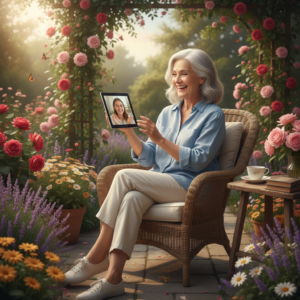 Vrolijke oudere in een tuin, met een tablet in de hand, omringd door bloemen.