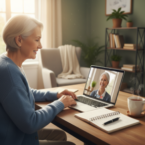 Senior glimlacht terwijl ze naar een laptop kijkt, met een notitieblok ernaast.