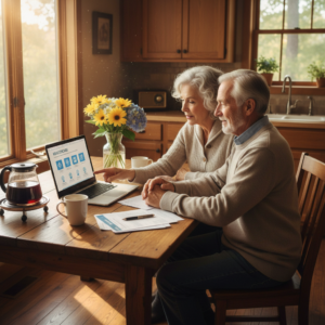 Seniorenpaar aan de keukentafel, bezig met het bespreken van zorgopties.