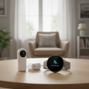 Slimme apparaten voor ouderen - een close-up van een bewegingssensor, slimme stekker en smartwatch met valdetectie op een houten tafel.