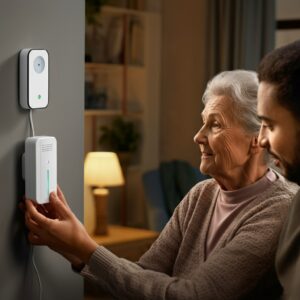 Een oudere vrouw en een jongere man die samen slimme sensoren instellen in een warme en uitnodigende woonkamer, gericht op veiligheid en comfort.