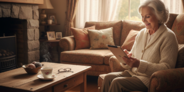 Een oudere vrouw die glimlachend een tablet gebruikt in een gezellige woonkamer, een voorbeeld van slimme technologie tegen eenzaamheid bij ouderen.