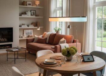 Slimme hanglamp boven een eettafel in een gezellige woonkamer, met verstelbare lichtkleuren en een modern ontwerp.