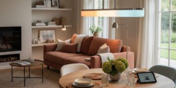 Slimme hanglamp boven een eettafel in een gezellige woonkamer, met verstelbare lichtkleuren en een modern ontwerp.