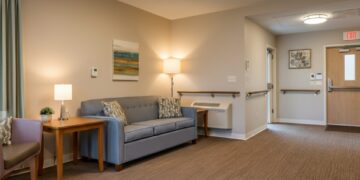 Een veilige en gezellige woonkamer met valdetectie voor senioren zoals antislipmatten en steunbeugels, ideaal voor senioren.