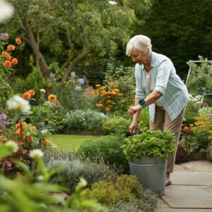 Een senior vrouw die geniet van tuinieren terwijl ze een valpreventie-apparaat draagt, omringd door kleurrijke bloemen en groen.
