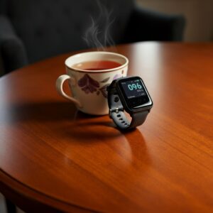 Een moderne smartwatch die veiligheidstechnologie biedt voor senioren, weergegeven naast een kopje thee op een houten tafel.
