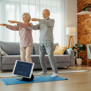 Een seniorenpaar dat samen oefeningen doet in hun woonkamer, begeleid door een digitale fysiotherapie-app.
