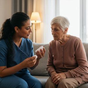 Een senior vrouw en haar mantelzorger die slimme incontinentietechnologie bespreken in een gezellige woonkamer.