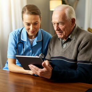 Een mantelzorger en een oudere man bespreken gezondheidsdata op een tablet, terwijl ze samen een eHealth app gebruiken.
