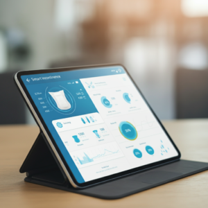 Een close-up van een tablet met een app voor het monitoren van slimme incontinentiematerialen.