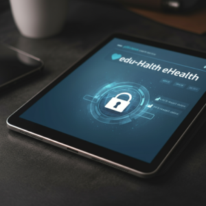 Een close-up van een tablet met een eHealth app, die laat zien hoe technologie het dagelijks leven van ouderen kan ondersteunen.