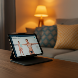 Een gezellige woonkameropstelling met een tablet op een standaard, klaar voor een digitale fysiotherapiesessie.