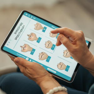 Een close-up van een tabletscherm met een logopedie-app die eenvoudige oefeningen toont, een hulpmiddel bij online logopedie na een beroerte.