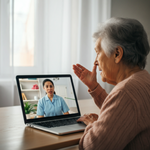 Een oudere vrouw die spraakoefeningen doet met een logopedist zichtbaar op een laptopscherm, een voorbeeld van online logopedie na een beroerte.